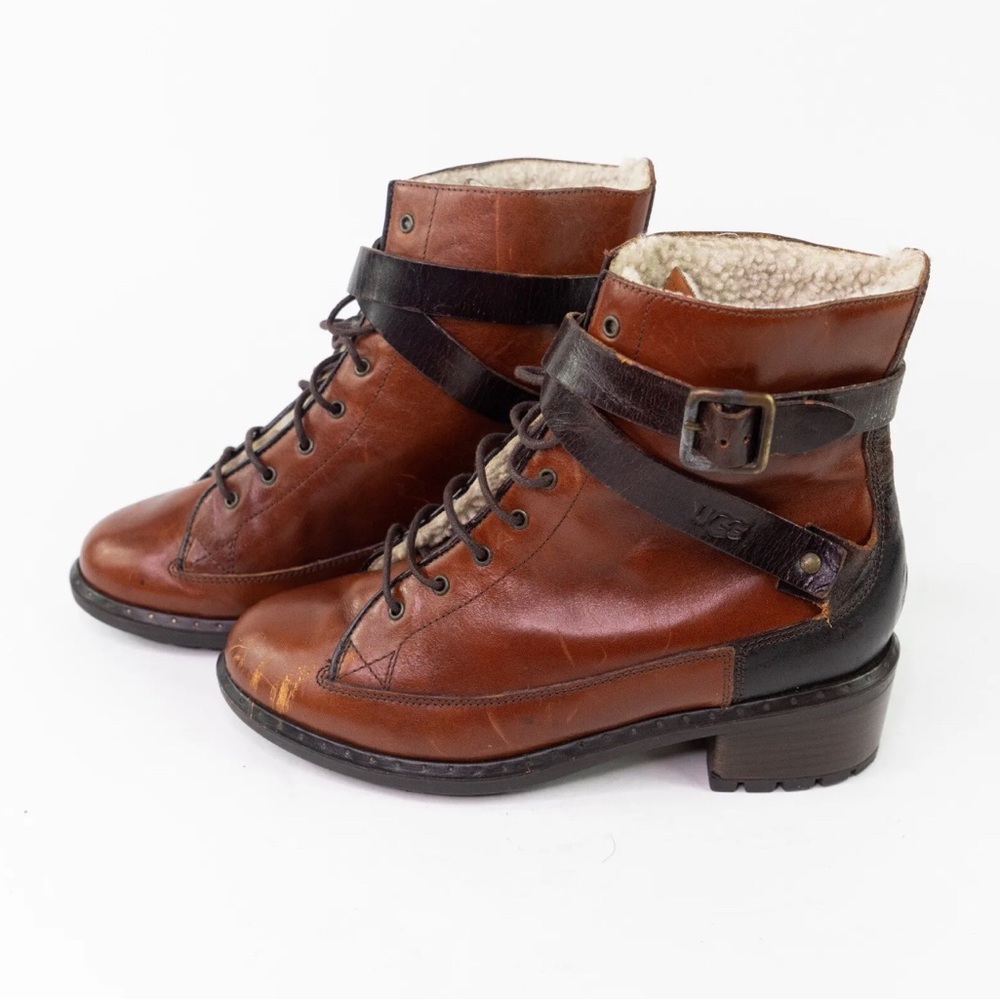 UGG Collection Sassari Leather Combat Ankle Boots Womens 8 Shearling $695 MSRP